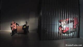 The guard caressed himself by the cock at work