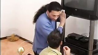 Blonde gets fucked by two guys as payment for TV repair