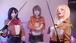 Attack on Titan characters Mikasa, Sasha, and Historia in a steamy lesbian scene