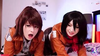 Attack on Titan characters Mikasa, Sasha, and Historia in a steamy lesbian scene