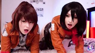 Attack on Titan characters Mikasa, Sasha, and Historia in a steamy lesbian scene