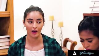 Two sexy teens have a sudden urge for sex on the couch
