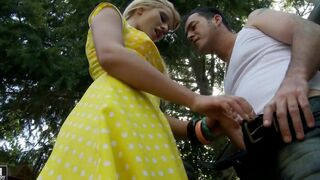 A hot chick fucked by her boyfriend on his motorcycle in public