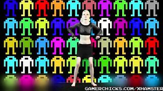 Blonde teen dances sexy striptease and bounces in front of a crowd of men