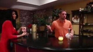 Sexy brunette with fake boobs seduces the bartender in a steamy encounter