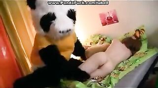Plush Mishka fucked by his pervert mistress on the bed