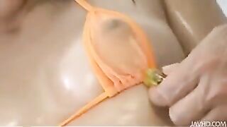 A whale in a bikini is gently waiting for sex and bondage