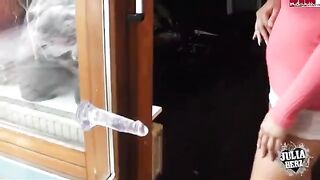 A cute girl plays with a dump truck in her room, masturbating