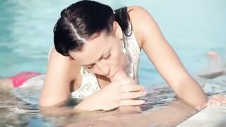 A stunning Russian woman has sex right in the pool, showcasing her allure