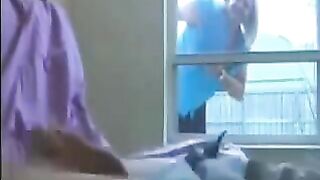 A woman peeps at a man jerking off in the ward, then rides him