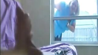 A woman peeps at a man jerking off in the ward, then rides him