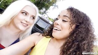 Two college girls shared quarterback's cock in an interracial threesome