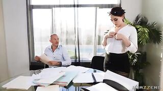 Hot brunette fucks with her boss and her coworker in the office