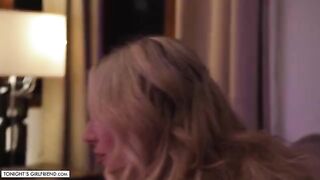 Busty porn star Kayley Gunner gives a lucky fan a foot job wearing stockings