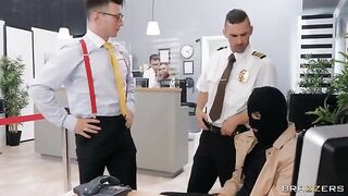 A hot bank robbery turns into a wild sex session with stockings