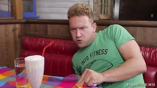 Blonde woman has sex in the toilet with a man in the diner