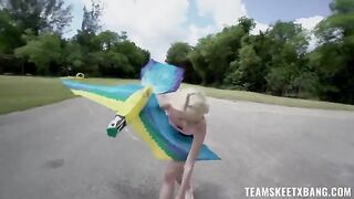 Skinny babe gets horny outdoors and fucks hard