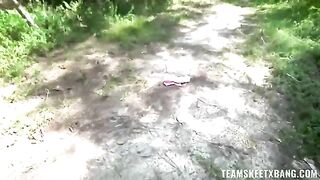 Skinny babe gets horny outdoors and fucks hard