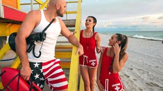 Two horny lifeguards enjoy a cock sucking competition in an FFM scene