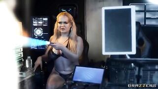 Hot blondie is fucking in space with a guy, embodying pornstars in space