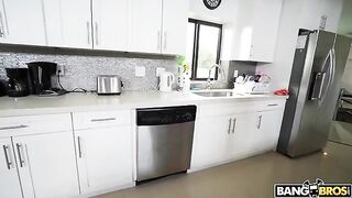A mature woman is doing cleaning without any clothes on
