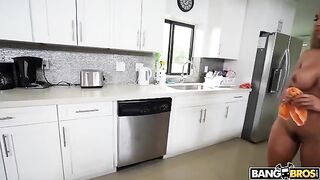 A mature woman is doing cleaning without any clothes on
