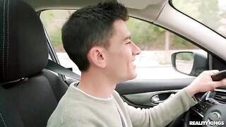 Pick up my dick and balls, brunette on the street in a car