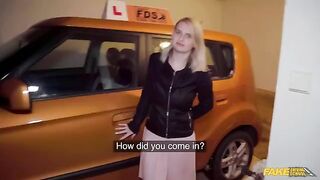 The huge cock of the guy is stretching big boobs of blonde in the car