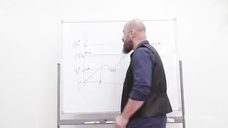 It's all over our ass again. A sexy brunette with stockings in an office scene