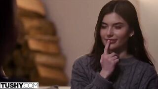 Two hot girlfriends, Talia and Stefany, are having fun with a friend in an intense threesome