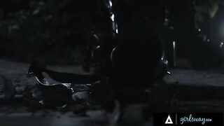A sexy huntress gets banged by two busty droids in the wasteland