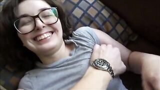 A guy is having fun with his perfect brunette girlfriend at home