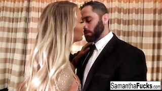 A busty blonde beauty is having sex in the hotel room