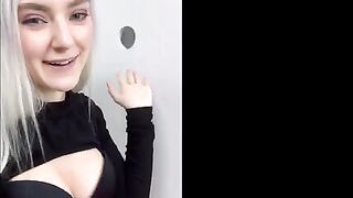 Cute teen gets her face covered with cum through the glory hole