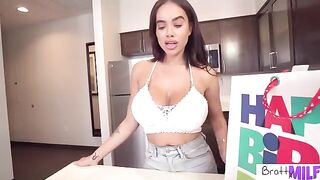 Busty stepmom Victoria June, with her jaw-dropping 36F curves, celebrates a special day