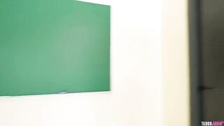 A hot blonde teacher has sex with her black fan on the table