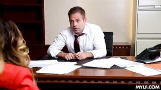Two milfs have fun in the office with young man