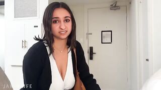 A busty coworker lets go of her rubber band during a passionate hotel encounter