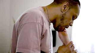 A cute blonde girl was licked by a black man’s long tongue, very passionate