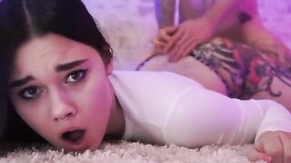A guy made a mess in the mouth of a sexy woman