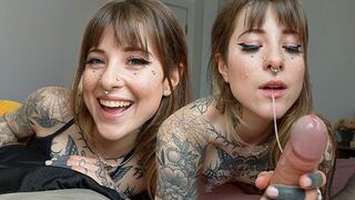 Petite tattooed girl tenderly sucks cock in a steamy scene