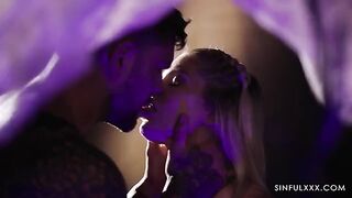 A guy is getting his dick sucked while his girlfriend is being fucked