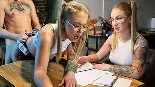 A girl is having fun with her teacher to get a good mark