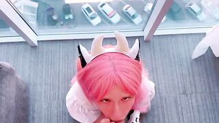 A cute girl in cosplay begs not to swallow until she finishes