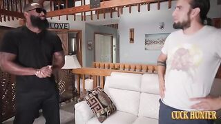 The guy enjoys watching his blonde being fucked on the couch