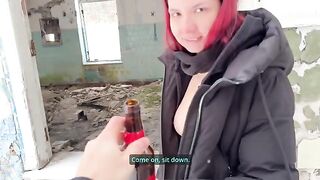 A red-haired beauty got fucked outdoors with a bottle, anything would do