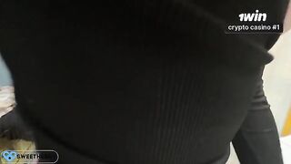 She was glad that the guy came and he dumped cum on her leather skirt