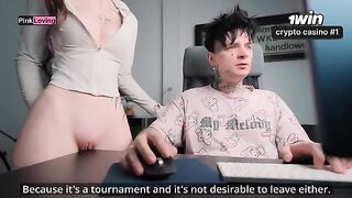 The girl is very excited and rubs herself on the table