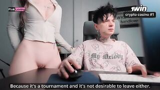 The girl is very excited and rubs herself on the table