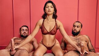 The guys caress each other’s dicks while hands are synced up